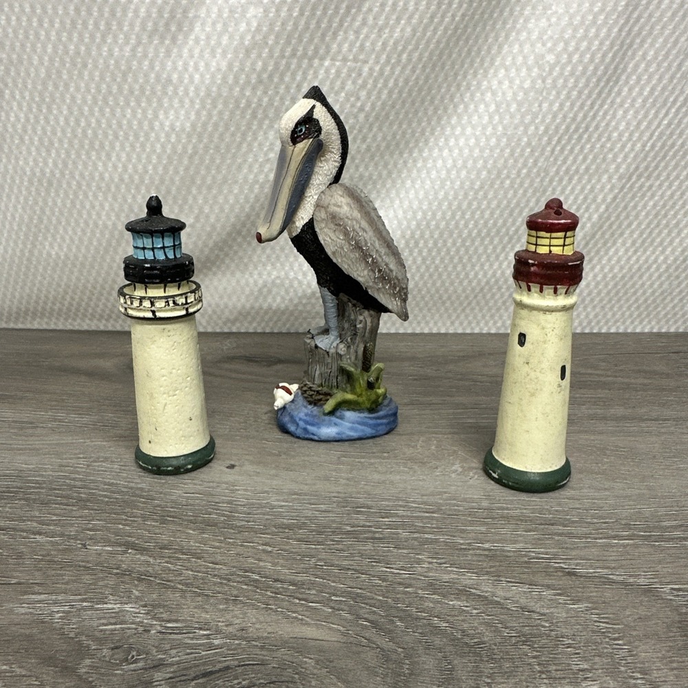 Lighthouse Pelican Salt Pepper Shaker Set 3pc Tan Blue Good Nautical Ocean Decor